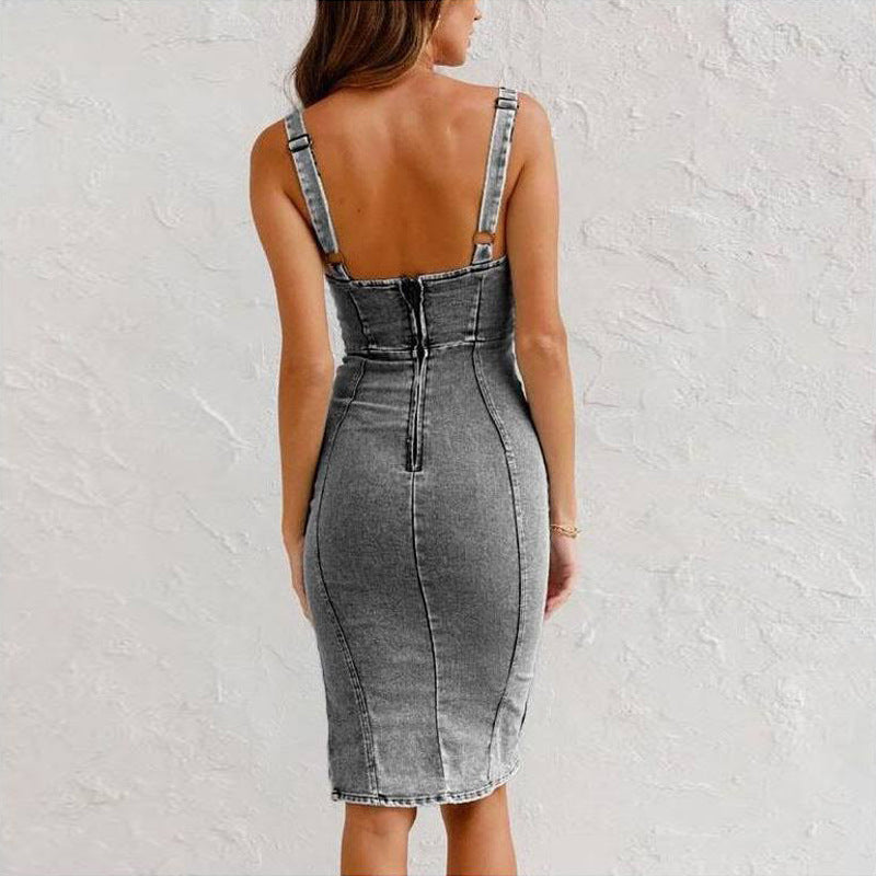 DZONN New U-neck Suspender Denim Dress Summer Casual Tight Slim Fit Dresses With Slit Design Womens Clothing