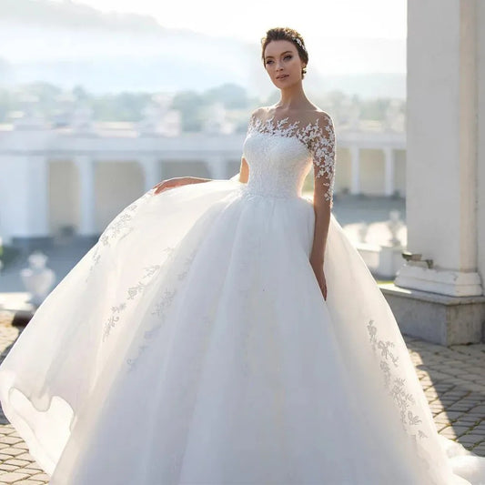 DZONN Bridal Mesh Long Sleeve Embroidered Wedding Dress