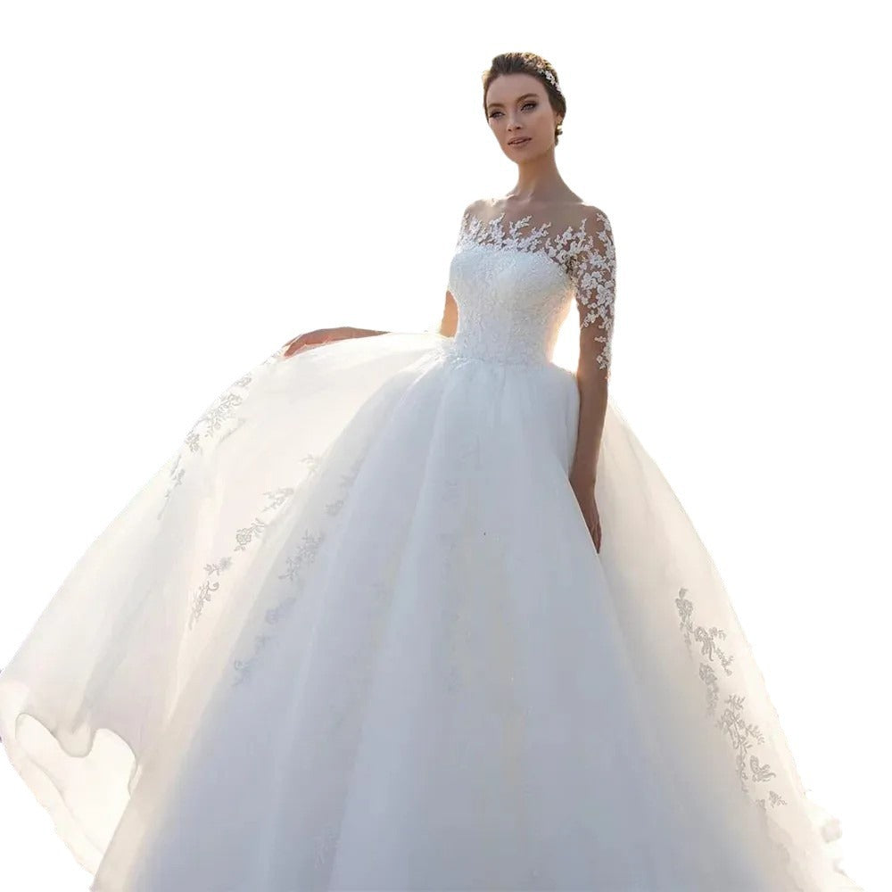DZONN Bridal Mesh Long Sleeve Embroidered Wedding Dress